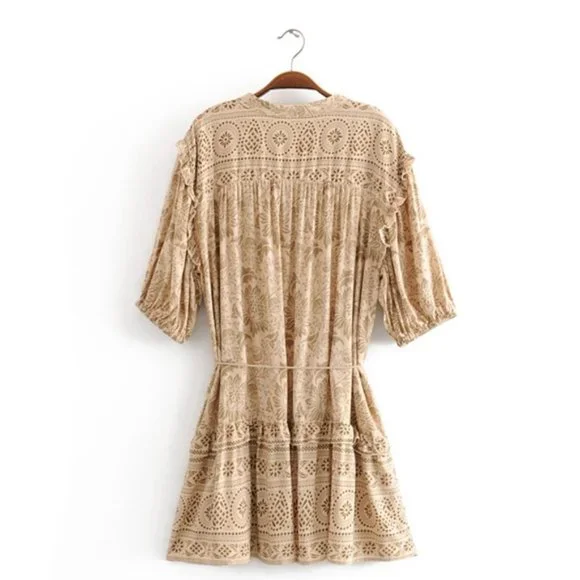 New Boho Print Tunic Cotton Summer Dress Tan - Picture 7 of 15